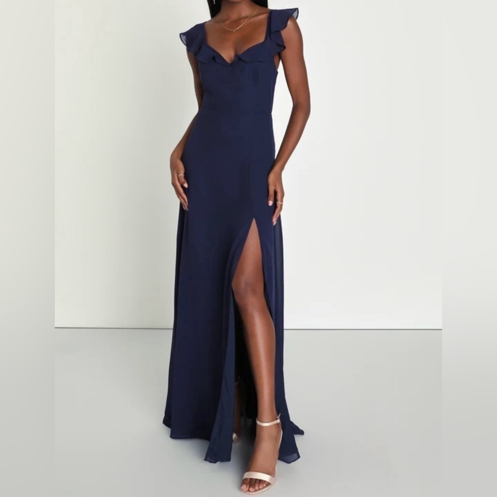 Lulus Sweetest Entrance Navy Blue Ruffled Tie-Back Maxi Dress Small NWT
